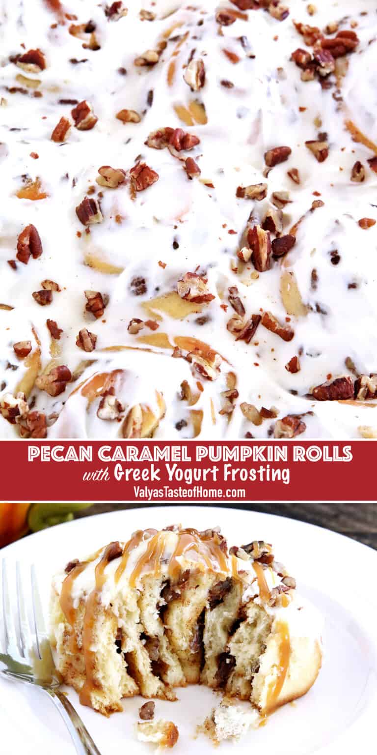 Pecan Caramel Pumpkin Rolls with Greek Yogurt Frosting